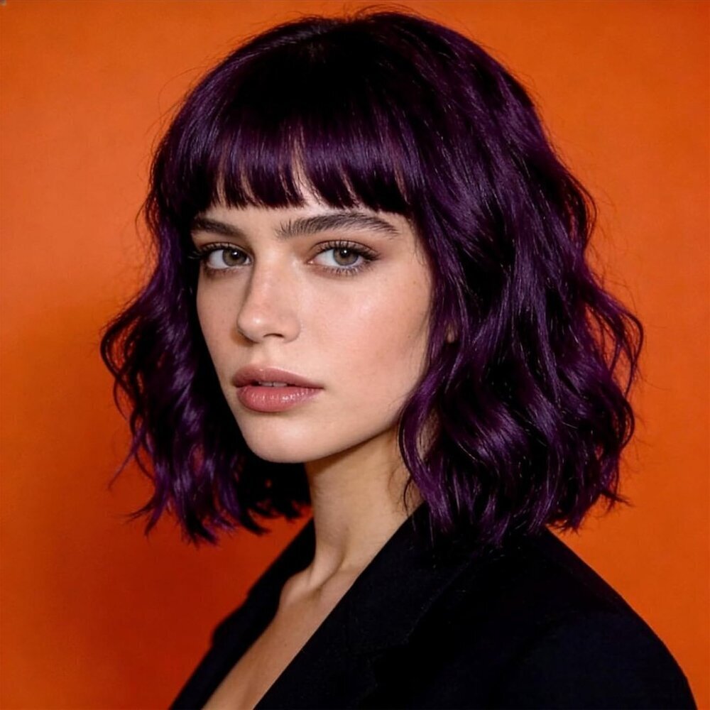 Women's Purple 14 Inch Curly Synthetic Cosplay Bangs Short Bob Wavy Wigs